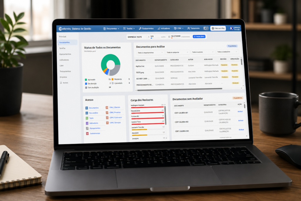 Notebook com a tela de Software de Gestão de Documentos ISO do Conformity mostrando status de todos os documentos, documentos para ánalise, acesso, carga dos revisores e documentos sem avaliador.